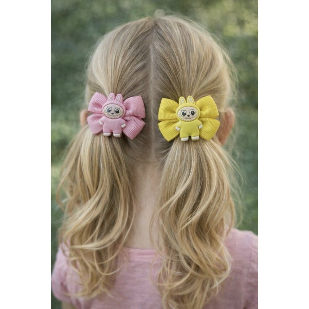Monster Fashion Colorful Pink Yellow Hair Bow Cute Pink Hair Clip for Girls 4 PC
